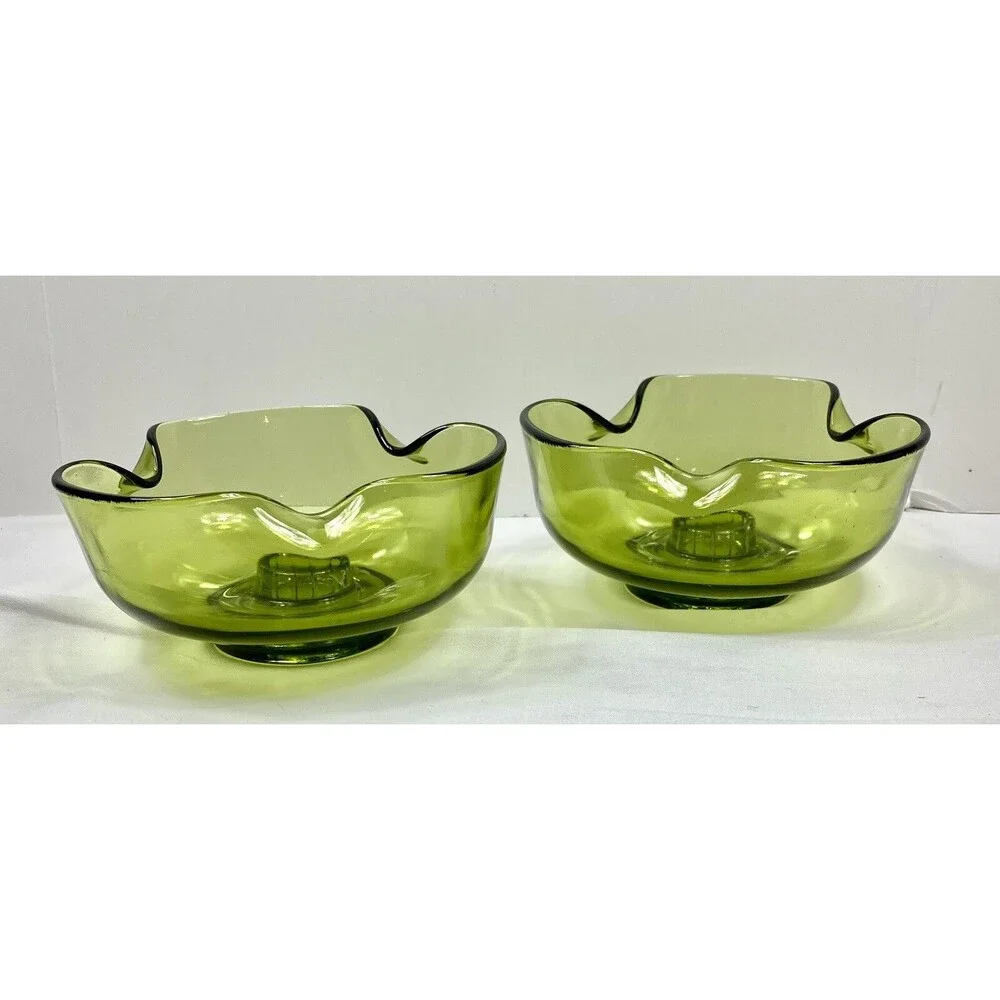 2 Vintage MCM Viking Glass Folded Candlestick Holders Green